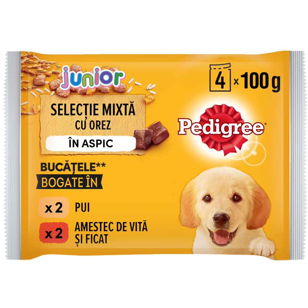 Hrana umeda pentru caini PEDIGREE, Junior, Mix cu orez in aspic, 4 x 100 g