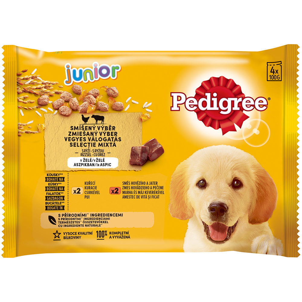 Hrana umeda pentru caini PEDIGREE, Junior, Mix cu orez in aspic, 4 x 100 g
