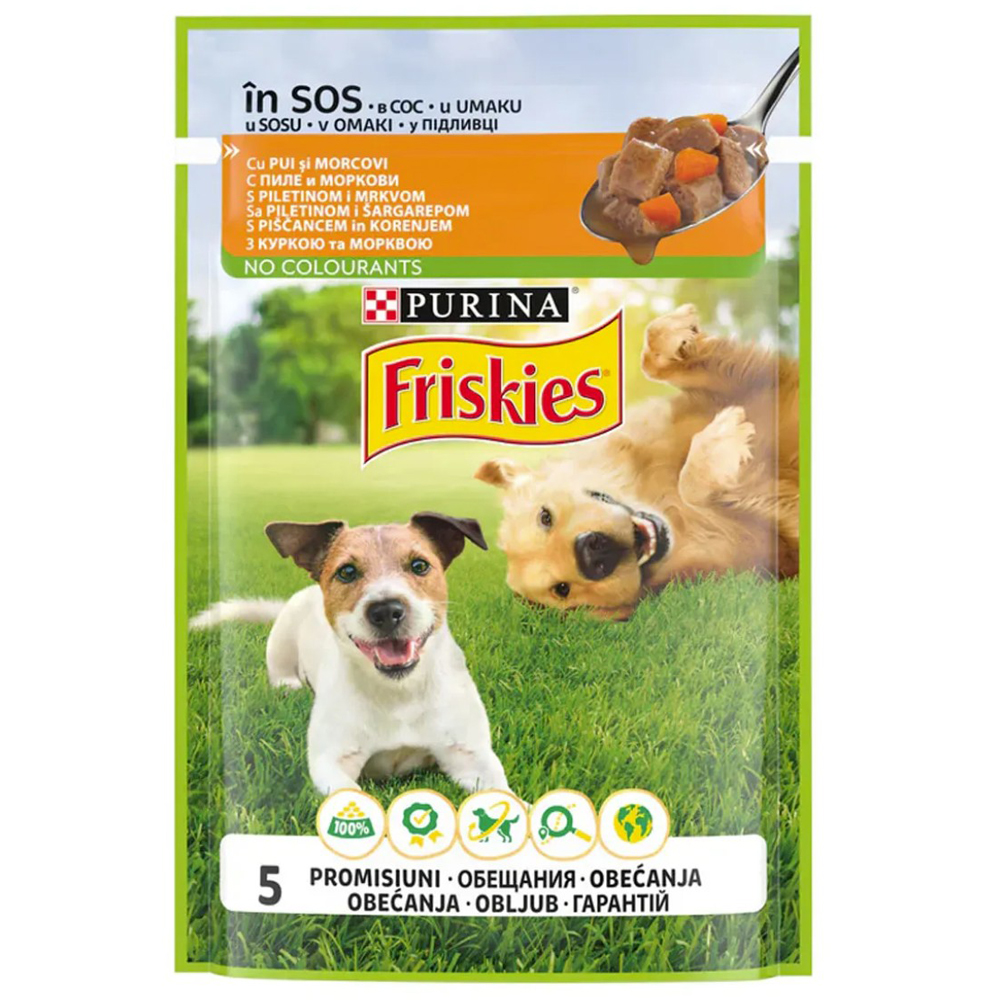 Hrana umeda pentru caini FRISKIES, Adult, Pui si morcovi in sos, 85 g