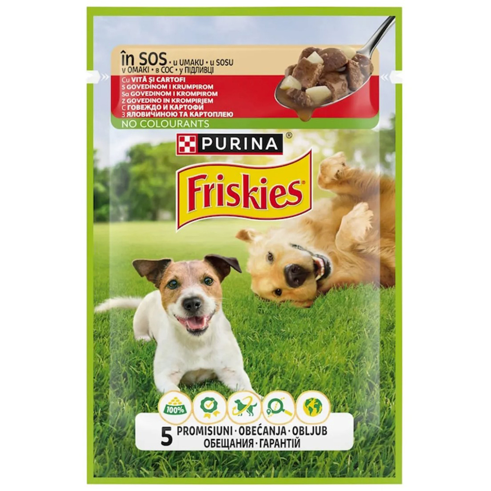 Hrana umeda pentru caini FRISKIES, Adult, Vita si cartofi in sos, 85 g
