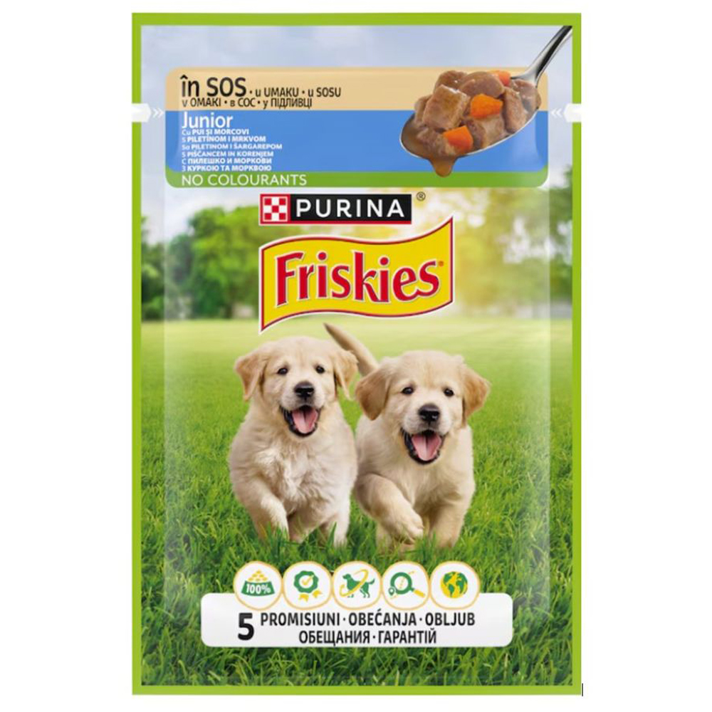 Hrana umeda pentru caini FRISKIES, Junior, Pui si morcovi in sos, 85 g