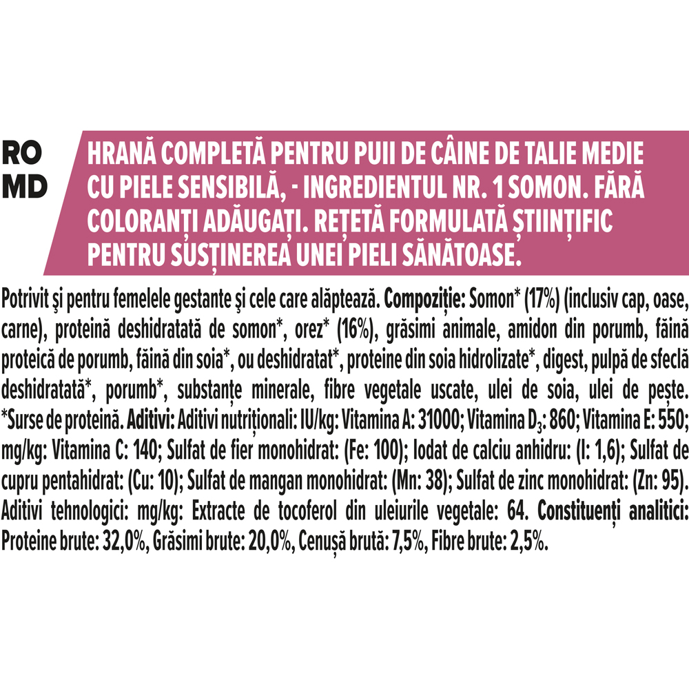 Hrana uscata pentru caini PURINA PRO PLAN Medium, Sensitive Skin, Junior, Somon, 12 kg