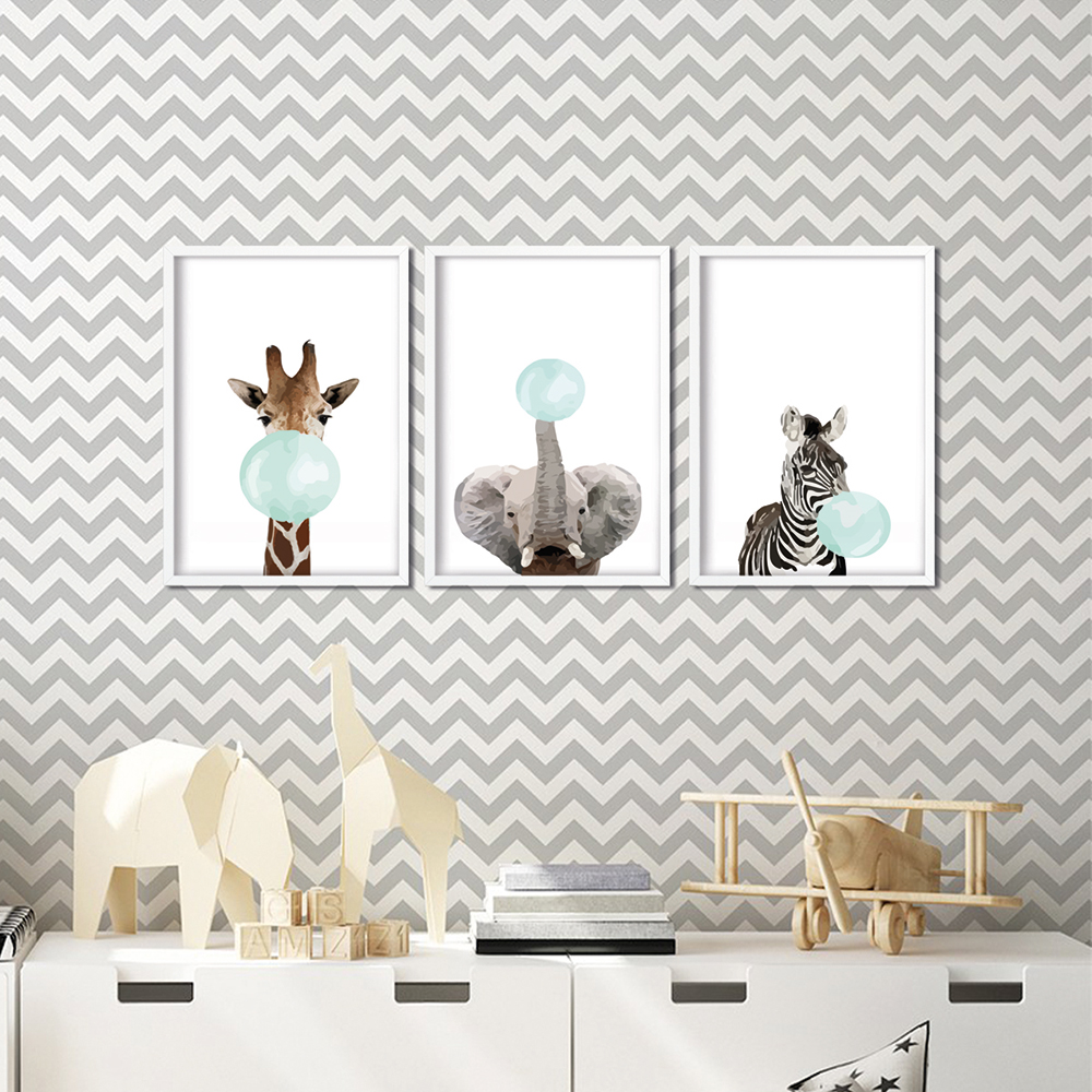 Set 3 tablouri cu rama Animale, 23 x 33 cm, PVC, bleu