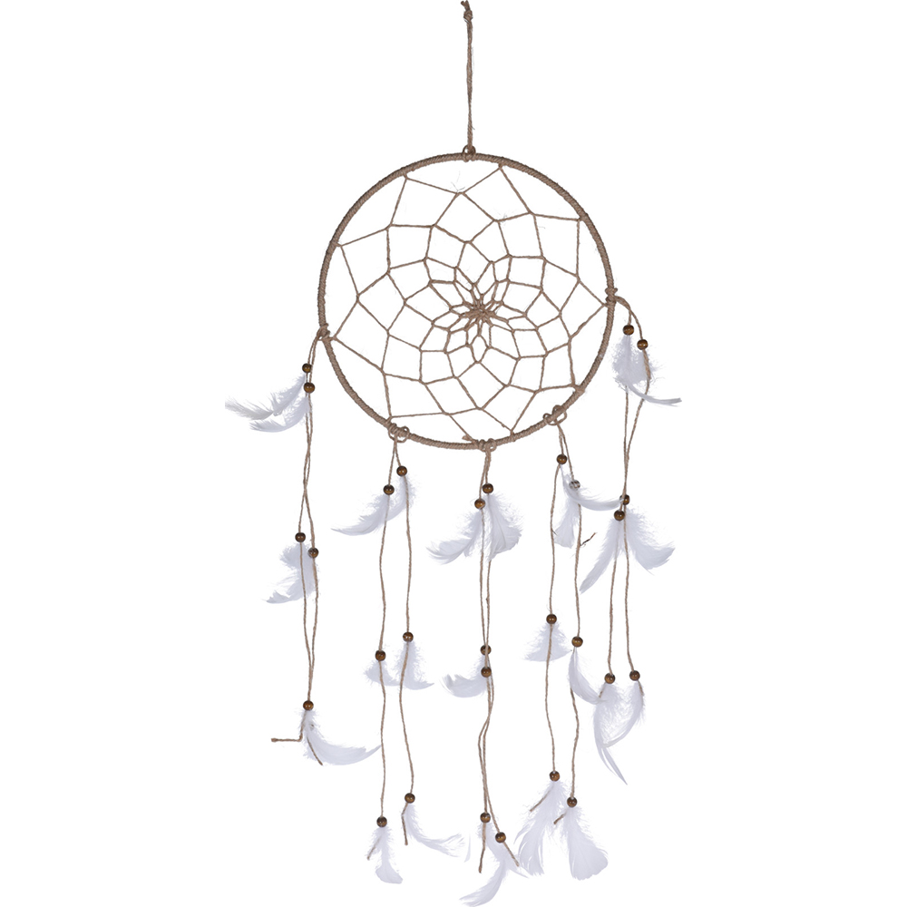 Decoratiune perete Dream Catcher, 23 x 5 x 70 cm, pene, bej-alb
