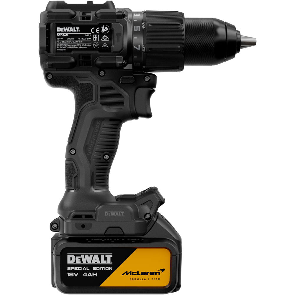 Masina de gaurit si insurubat cu percutie DEWALT x McLaren F1 Team DCD86MM1T-QW, 1x4Ah, 18V, 2000RPM, 90Nm