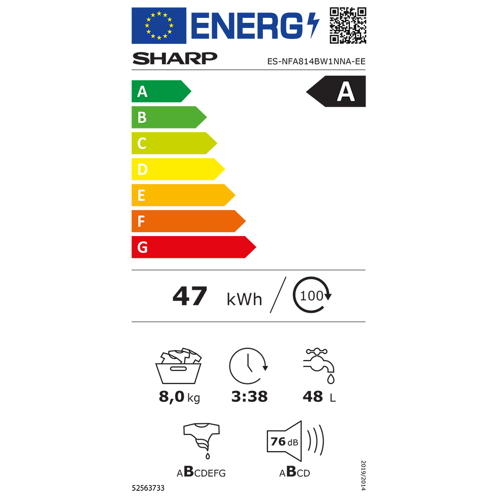 Masina de spalat rufe frontala SHARP ES-NFA814BW1NNA-EE, AllergySmart, 8 kg, 1400rpm, Clasa A, alb