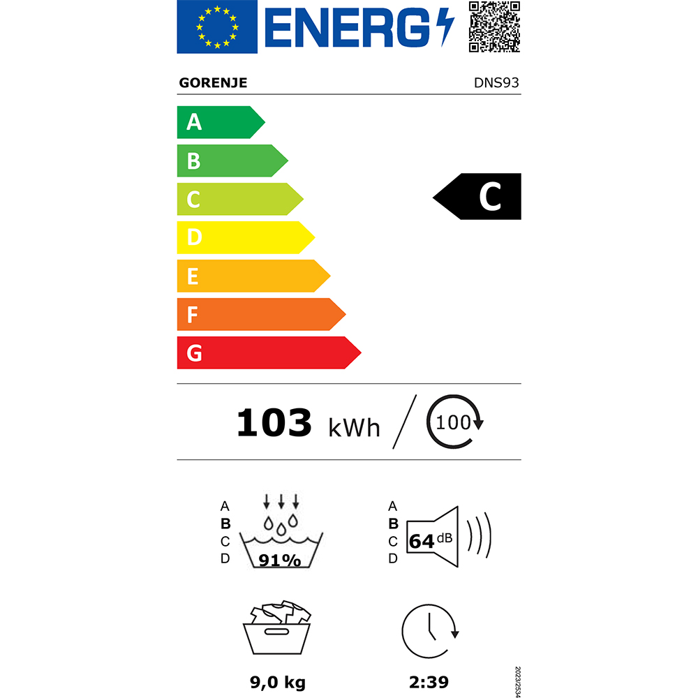 Uscator de rufe GORENJE DNS93, Pompa de caldura, 9 kg, 15 programe, Clasa C, Wi-Fi, alb