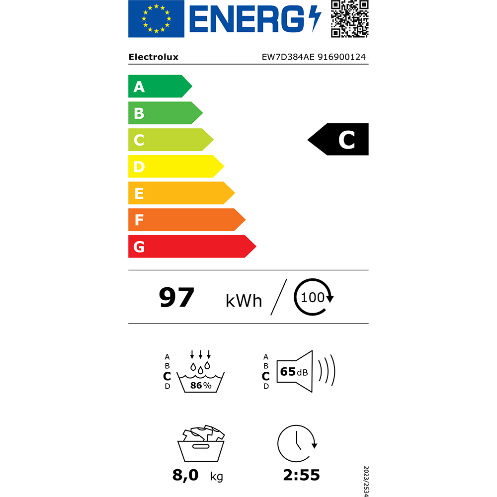 Uscator de rufe ELECTROLUX EW7D384AE, DelicateCare, Pompa de caldura, 8 kg, 12 programe, Clasa C, alb