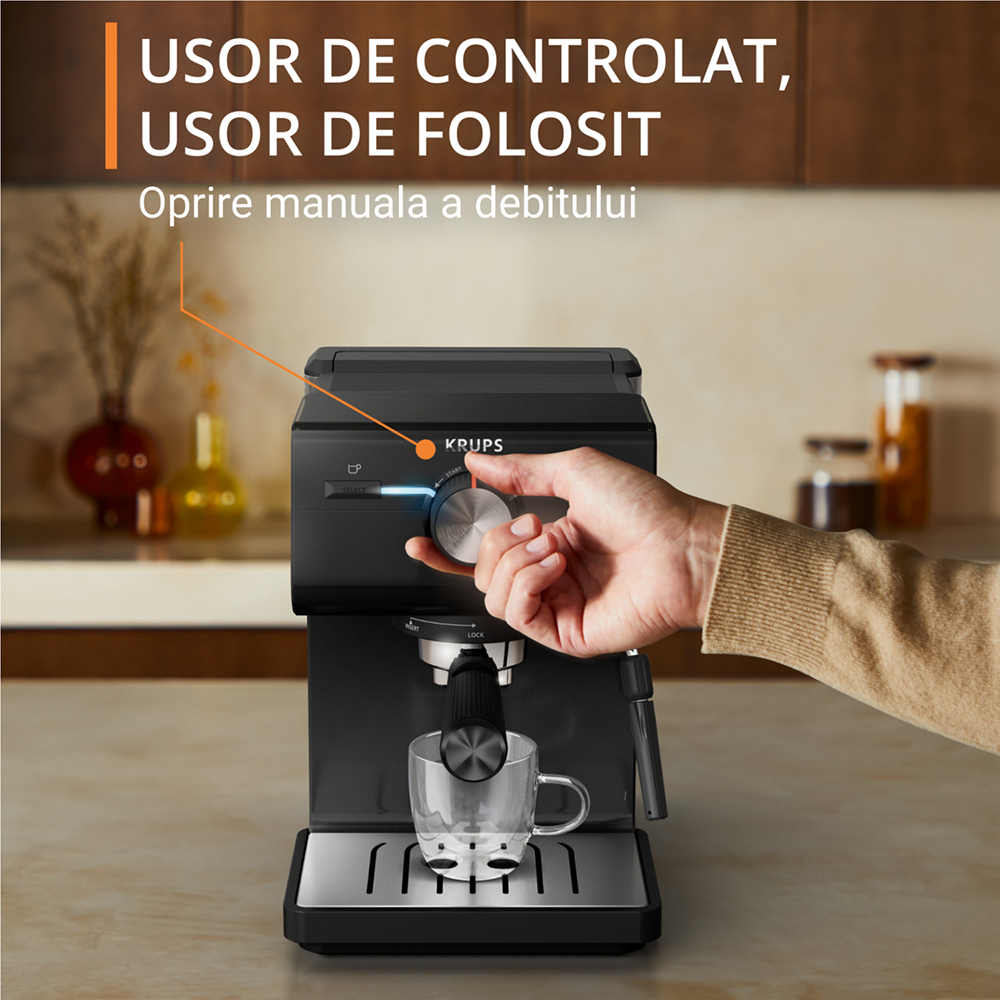 Espressor manual KRUPS Authentic XP381810, 2l, 15 bar, sistem Cappuccino, negru-argintiu