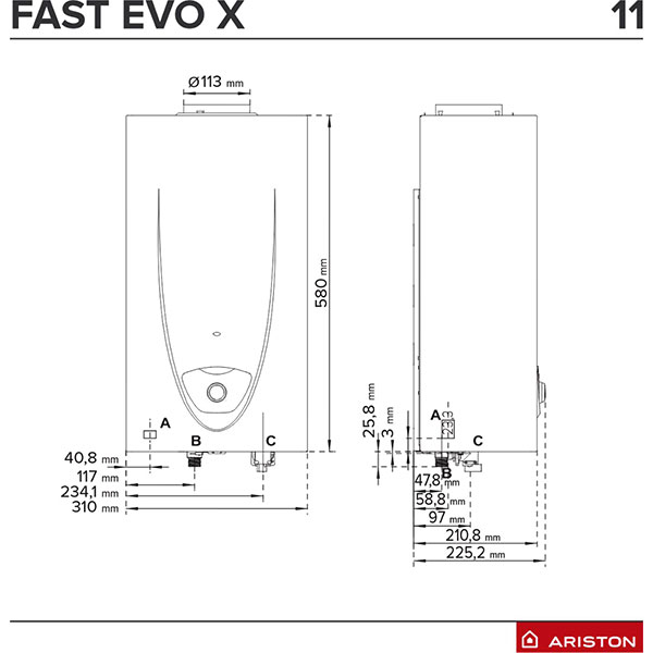 Instant apa calda pe gaz GPL ARISTON Fast Evo X 11, 11l/min, 21.5kW, NTC, Senzor siguranta, alb