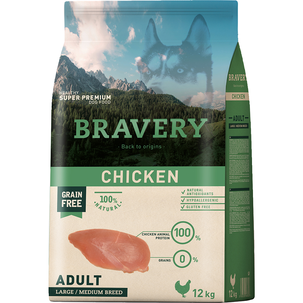 Hrana uscata pentru caini BRAVERY Large/Medium Breed, Adult, Pui, 12 kg