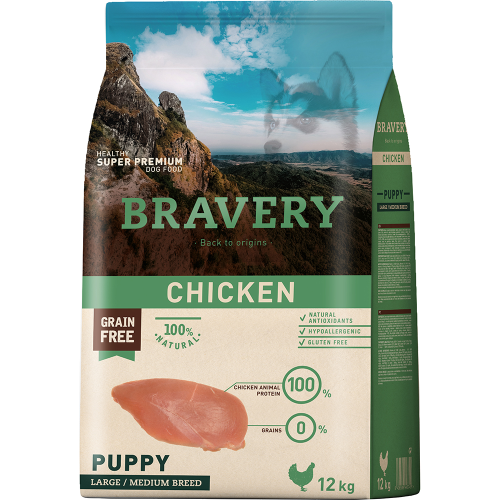 Hrana uscata pentru caini BRAVERY Large/Medium Breed, Junior, Pui, 12 kg