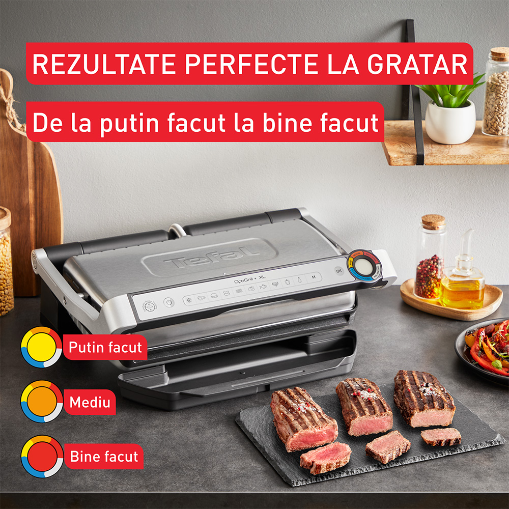 Gratar electric TEFAL OptiGrill+ XL GC728D10, 2000W, 9 programe automate, argintiu-negru 
