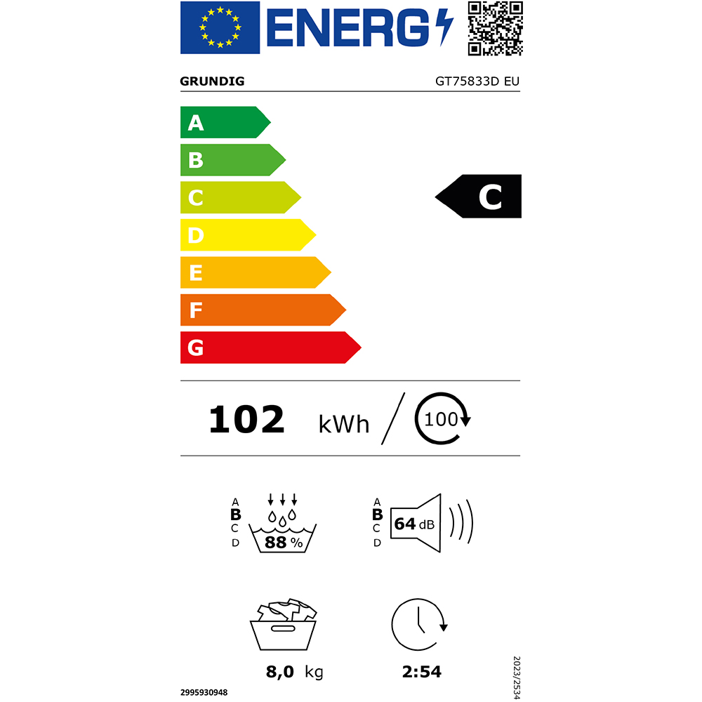 Uscator de rufe GRUNDIG GT75833D EU, Pompa de caldura, 8 kg, 15 programe, Clasa C, alb kg