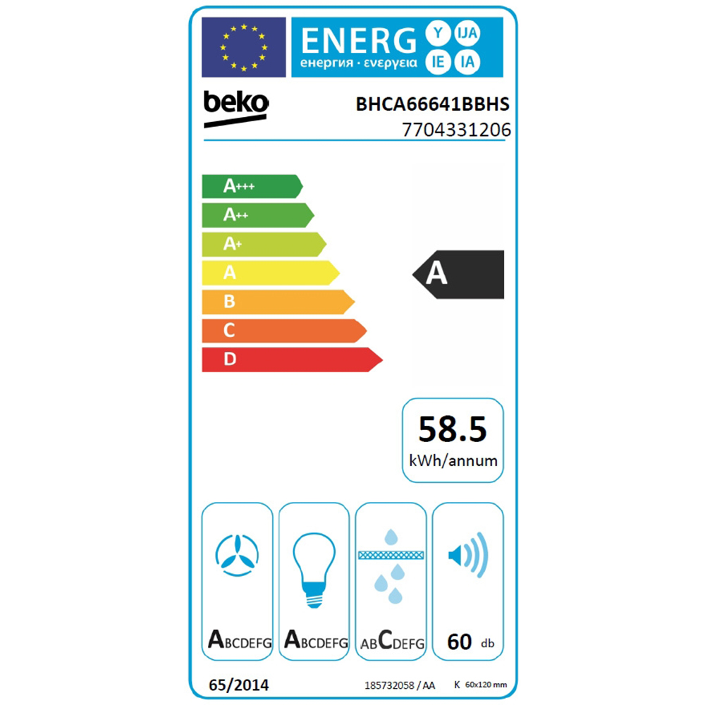 Hota decorativa BEKO BHCA66641BBHS, 1 motor, 720 m3/h, L 60 cm, negru