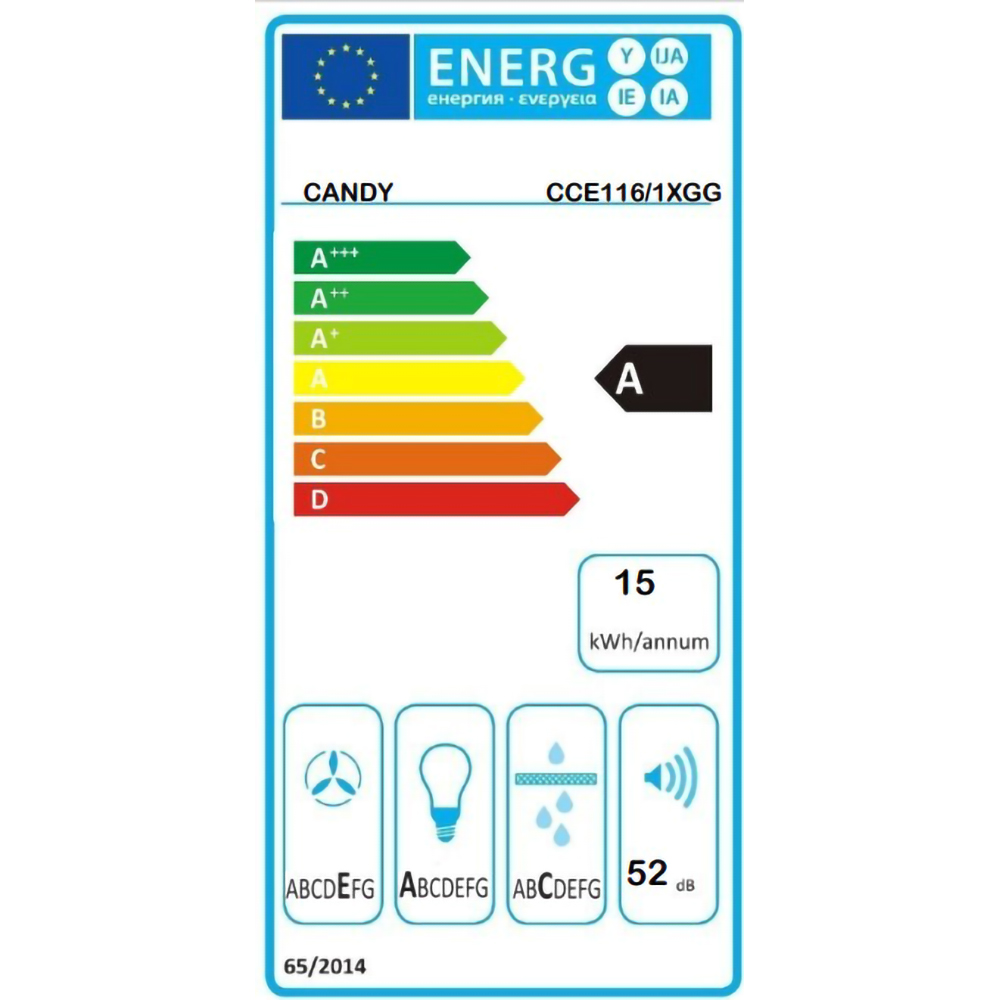 Hota decorativa CANDY CCE116/1XGG, 1 motor, 285 m3/h, L 60 cm, inox