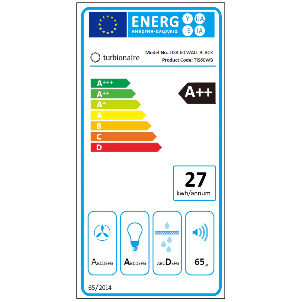 Hota decorativa TURBIONAIRE Lisa 60 B TIS60WB, 1 motor, 653 m3/h, L 60 cm, negru