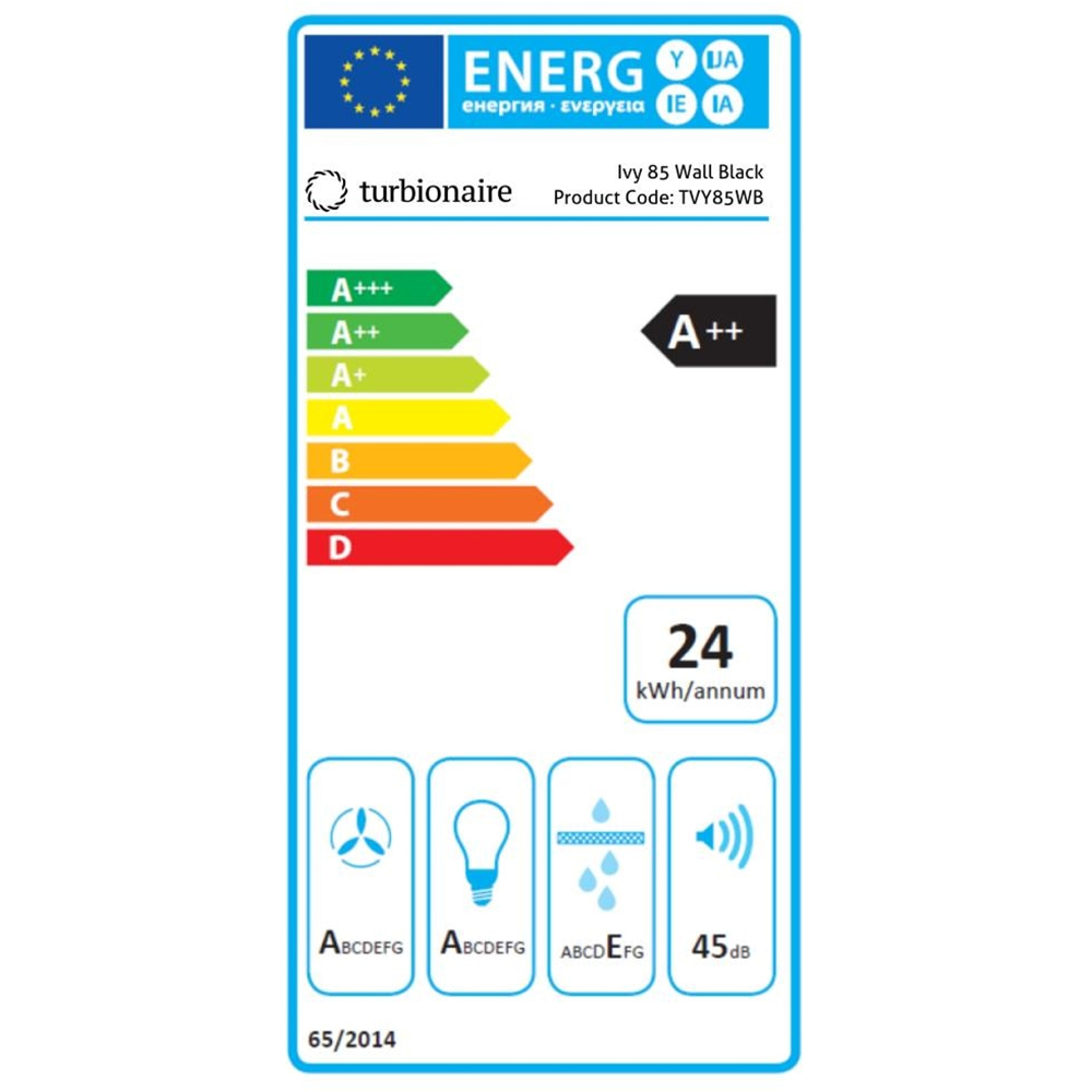 Hota decorativa TURBIONAIRE Ivy 85 B TVY85WB, 1 motor, 706 m3/h, L 85 cm, negru