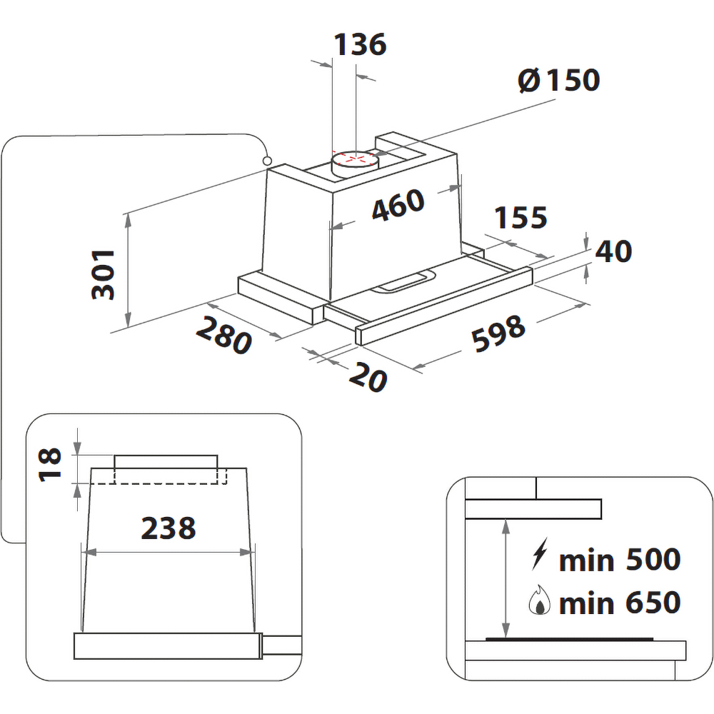 Hota incorporabila telescopica WHIRLPOOL WAHTT 64 LM K, 1 motor, 581 m3/h, L 60 cm, negru