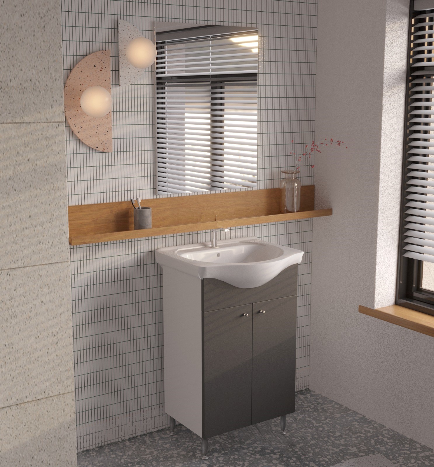 Set mobilier baie, baza, lavoar si oglinda SANITOP Joy, 50 cm, gri