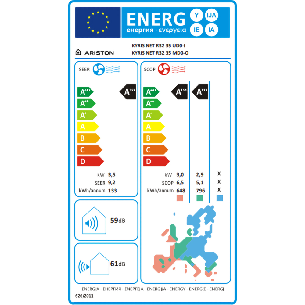 Aer conditionat ARISTON Kyris Net R32 35, 1200BTU, A+++/A+++, Inverter, Functie Incalzire, Wi-Fi, alb