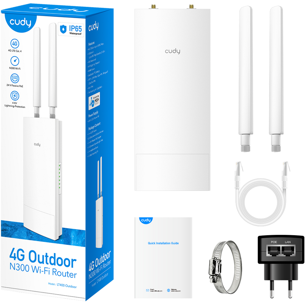 Router Wireless CUDY LT400 Outdoor N300, Wi-Fi 4, Dual-Band 300 + 300 Mbps, alb