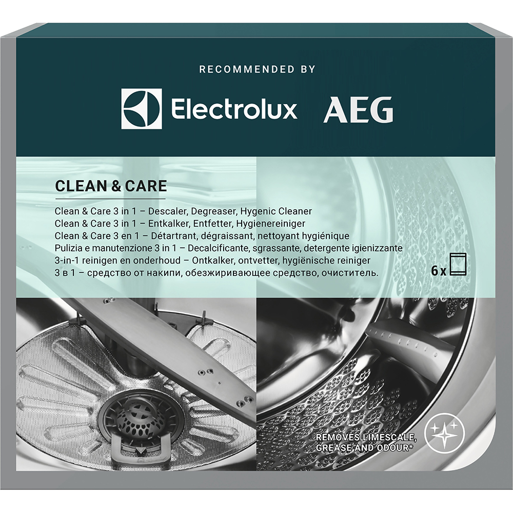 Pudra anticalcar pentru masina de spalat rufe si vase ELECTROLUX M2GCP601 Clean and Care 3in1, 6 plicuri