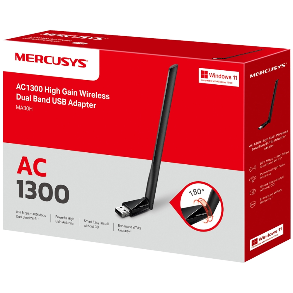 Adaptor USB Wireless MERCUSYS MA30H High-Gain AC1300, Dual Band 400 + 867 Mbps, negru