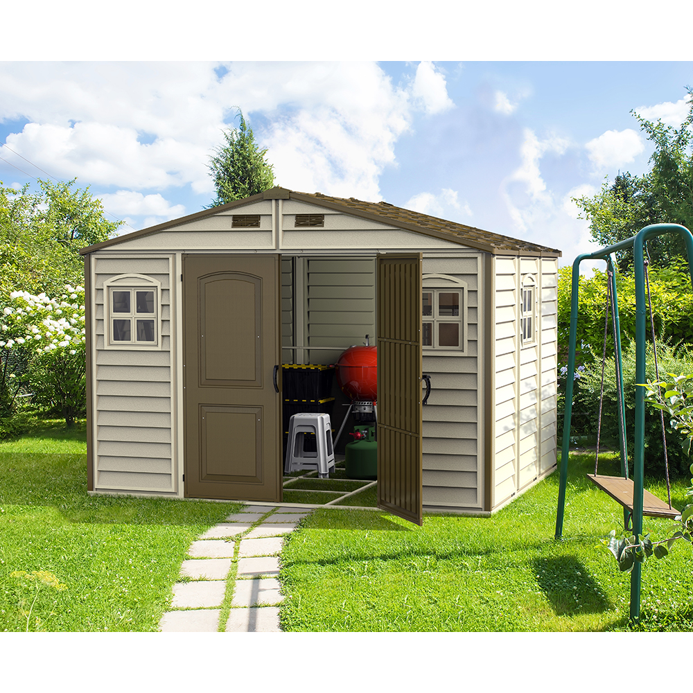 Casuta gradina DURAMAX Woodside, rasina, 324.8 x 239.7 x 233.2 cm, bej-maro deschis