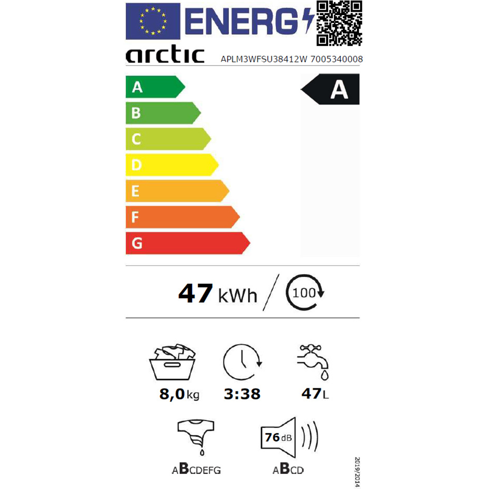 Masina de spalat rufe frontala ARCTIC APLM3WFSU38412W, ExtraSteam, 8 kg, 1400rpm, Clasa A, Wi-Fi, alb