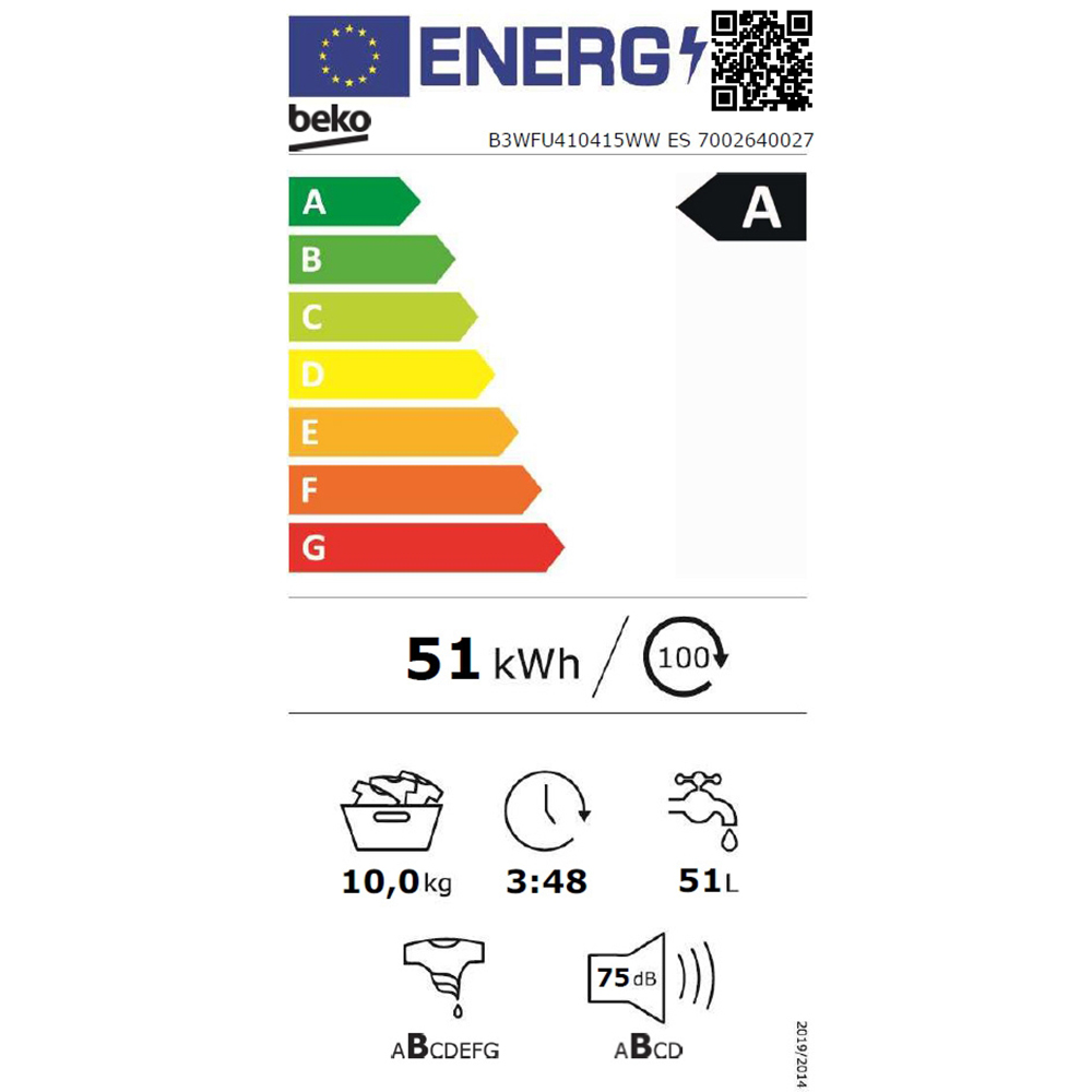 Masina de spalat rufe frontala BEKO B3WFU410415WW ES, EnergySpin, SteamCure, 10 kg, 1400rpm, Clasa A, alb