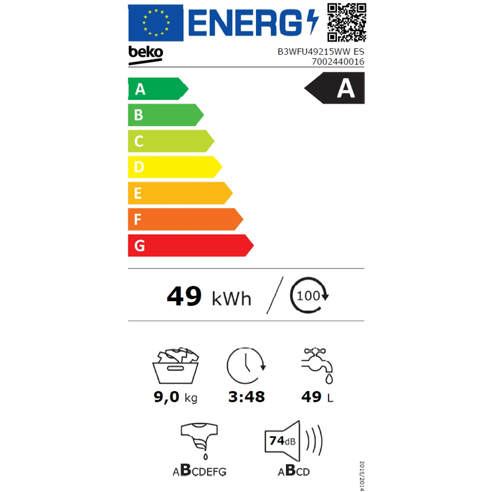 Masina de spalat rufe frontala BEKO B3WFU49215WW ES, EnergySpin, SteamCure, 9 kg, 1200rpm, Clasa A, alb