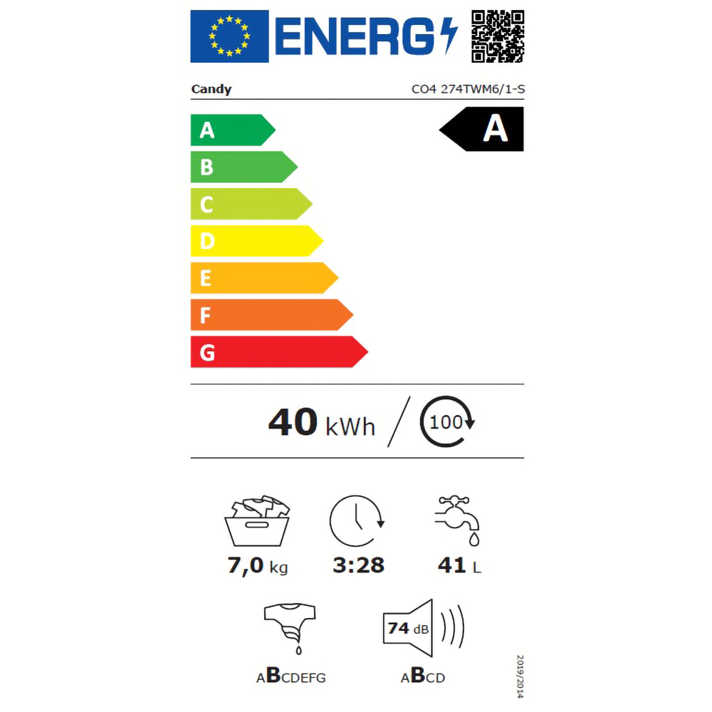 Masina de spalat rufe frontala slim CANDY CO4 274TWM6/1-S, Wi-Fi, 7 kg, 1200rpm, Clasa A, alb