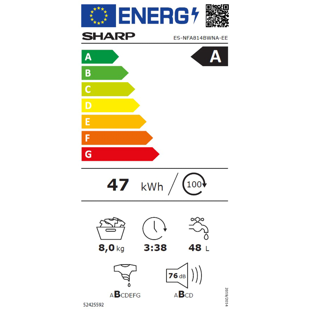 Masina de spalat rufe frontala SHARP ES-NFA814BWNA-EE, AllergySmart, 8 kg, 1400rpm, Clasa A, alb