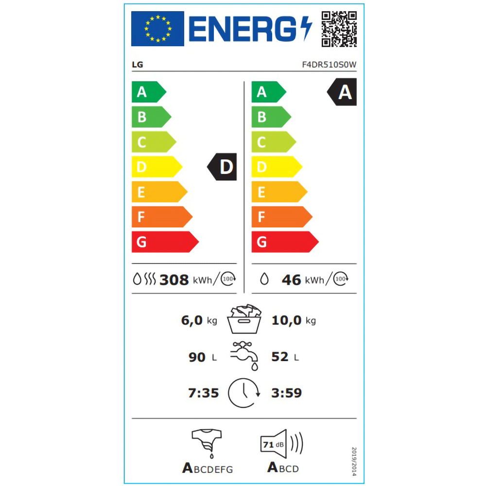Masina de spalat rufe frontala cu uscator LG F4DR510S0W, Steam, AI DD, 10/6 kg, 1400rpm, Clasa A/D, alb