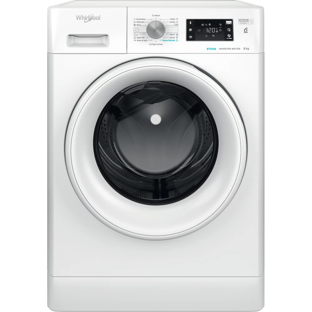 Masina de spalat rufe frontala WHIRLPOOL FFB 9489 WV EE, Steam, 6th Sense, 9 kg, 1400rpm, Clasa A, alb