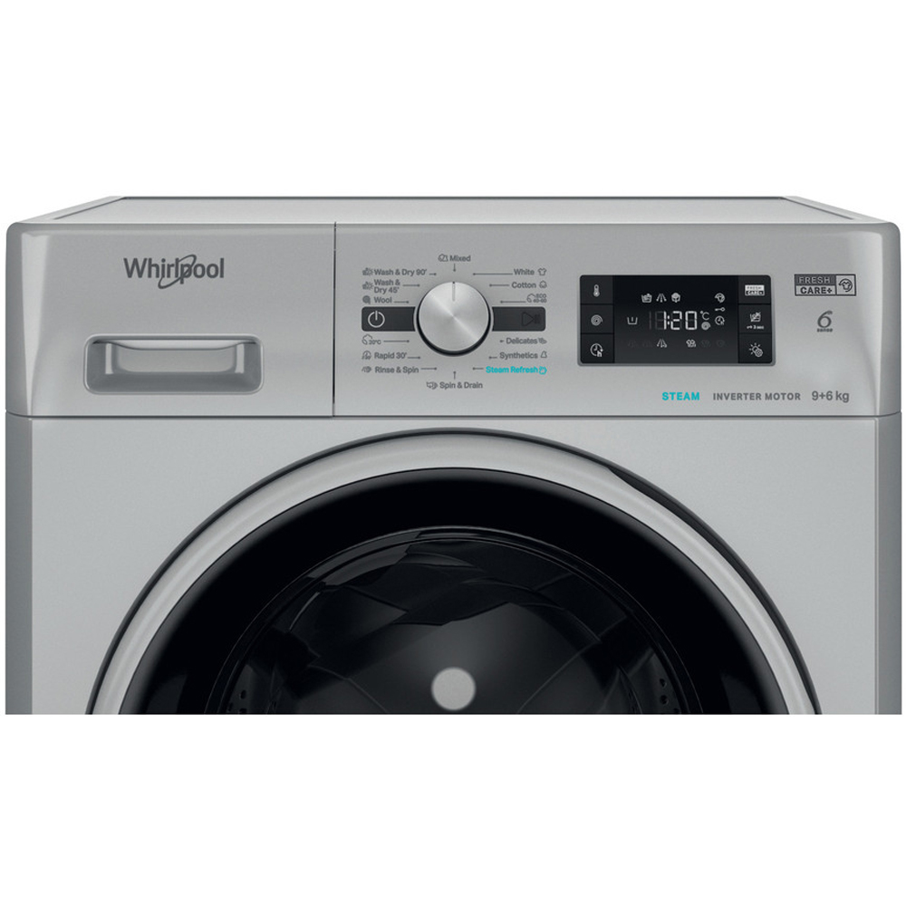 Masina de spalat rufe frontala cu uscator WHIRLPOOL FFWDB 964489 SBSV EE, 6th Sense, 9/6 kg, 1400rpm, Clasa A/C, argintiu