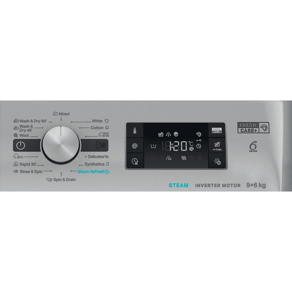 Masina de spalat rufe frontala cu uscator WHIRLPOOL FFWDB 964489 SBSV EE, 6th Sense, 9/6 kg, 1400rpm, Clasa A/C, argintiu