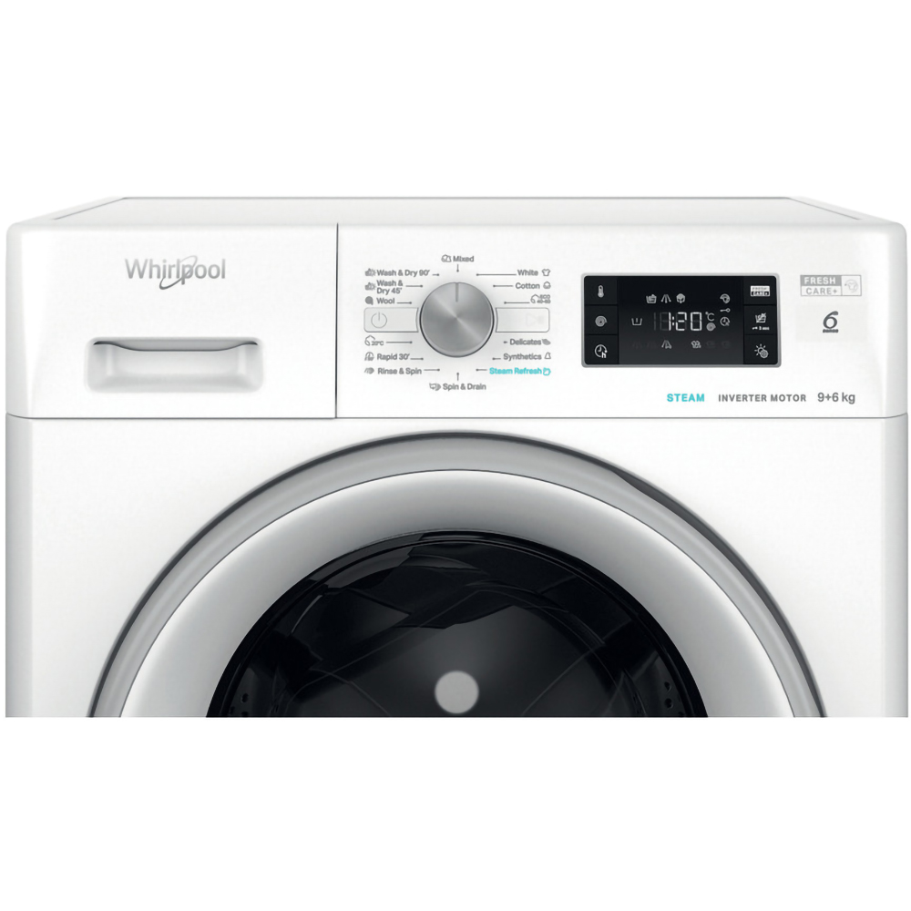 Masina de spalat rufe frontala cu uscator WHIRLPOOL FFWDB 964489 SV EE, 6th Sense, 9/6 kg, 1400rpm, Clasa A/C, alb