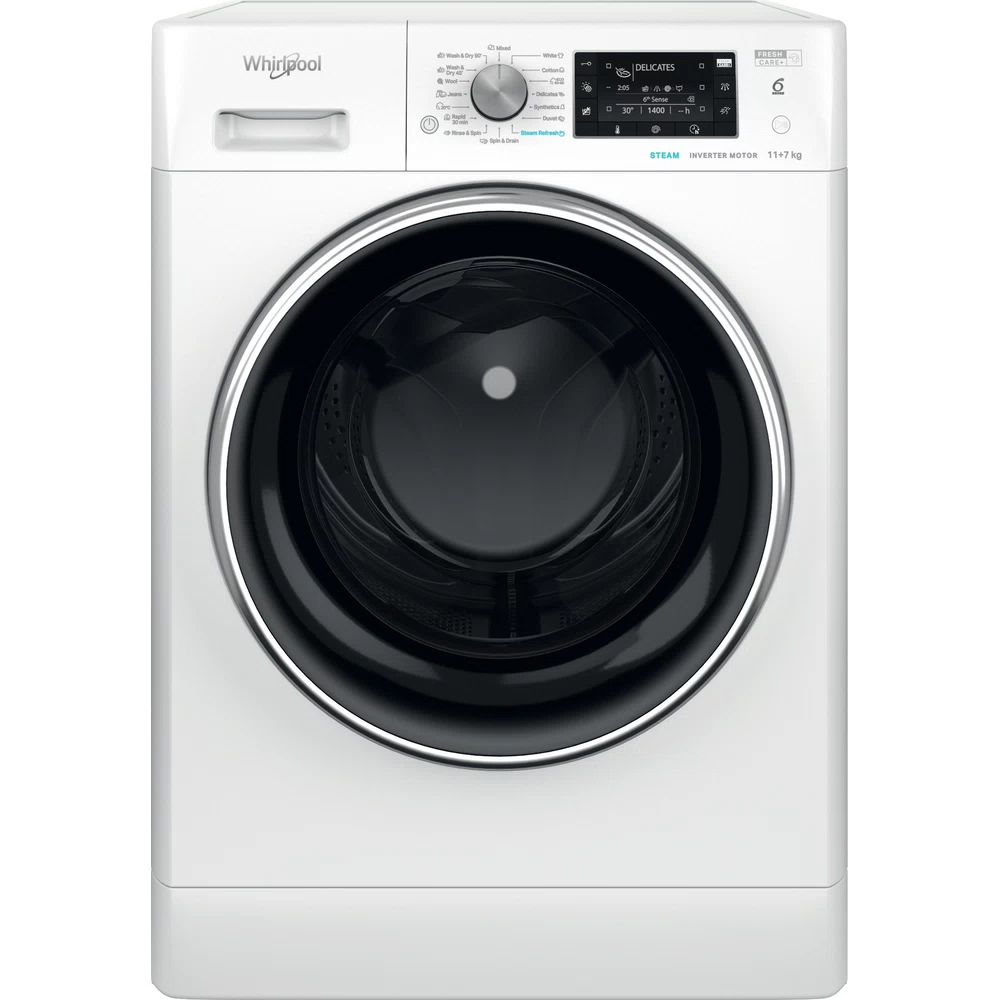 Masina de spalat rufe frontala cu uscator WHIRLPOOL FFWDD 1176258 BCV EE, 6th Sense, 11/7 kg, 1600rpm, Clasa B/E, alb