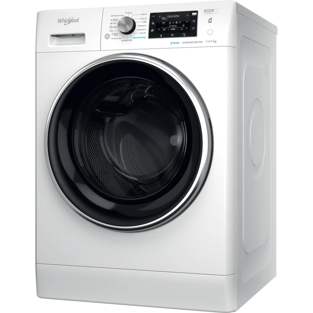 Masina de spalat rufe frontala cu uscator WHIRLPOOL FFWDD 1176258 BCV EE, 6th Sense, 11/7 kg, 1600rpm, Clasa B/E, alb