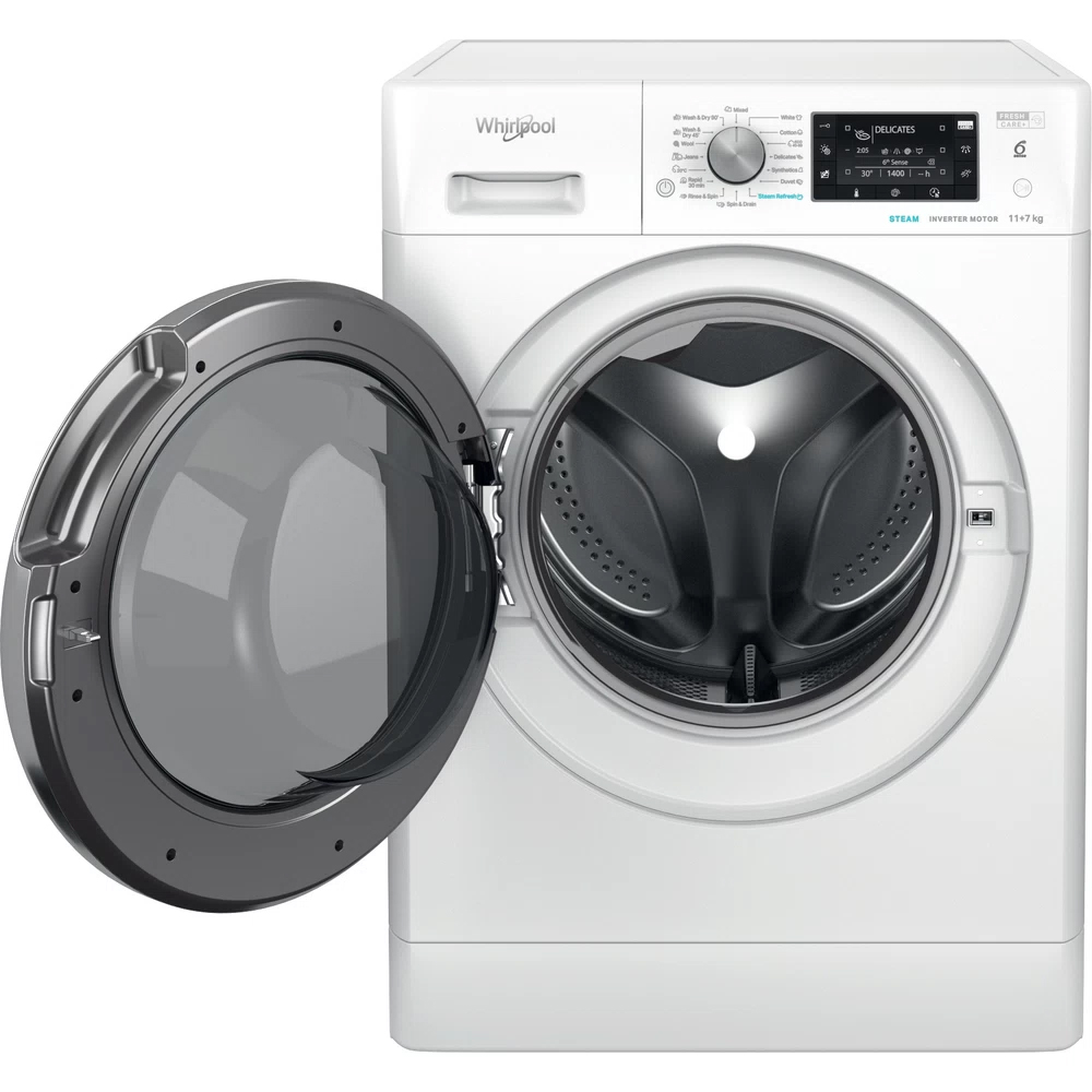 Masina de spalat rufe frontala cu uscator WHIRLPOOL FFWDD 1176258 BCV EE, 6th Sense, 11/7 kg, 1600rpm, Clasa B/E, alb