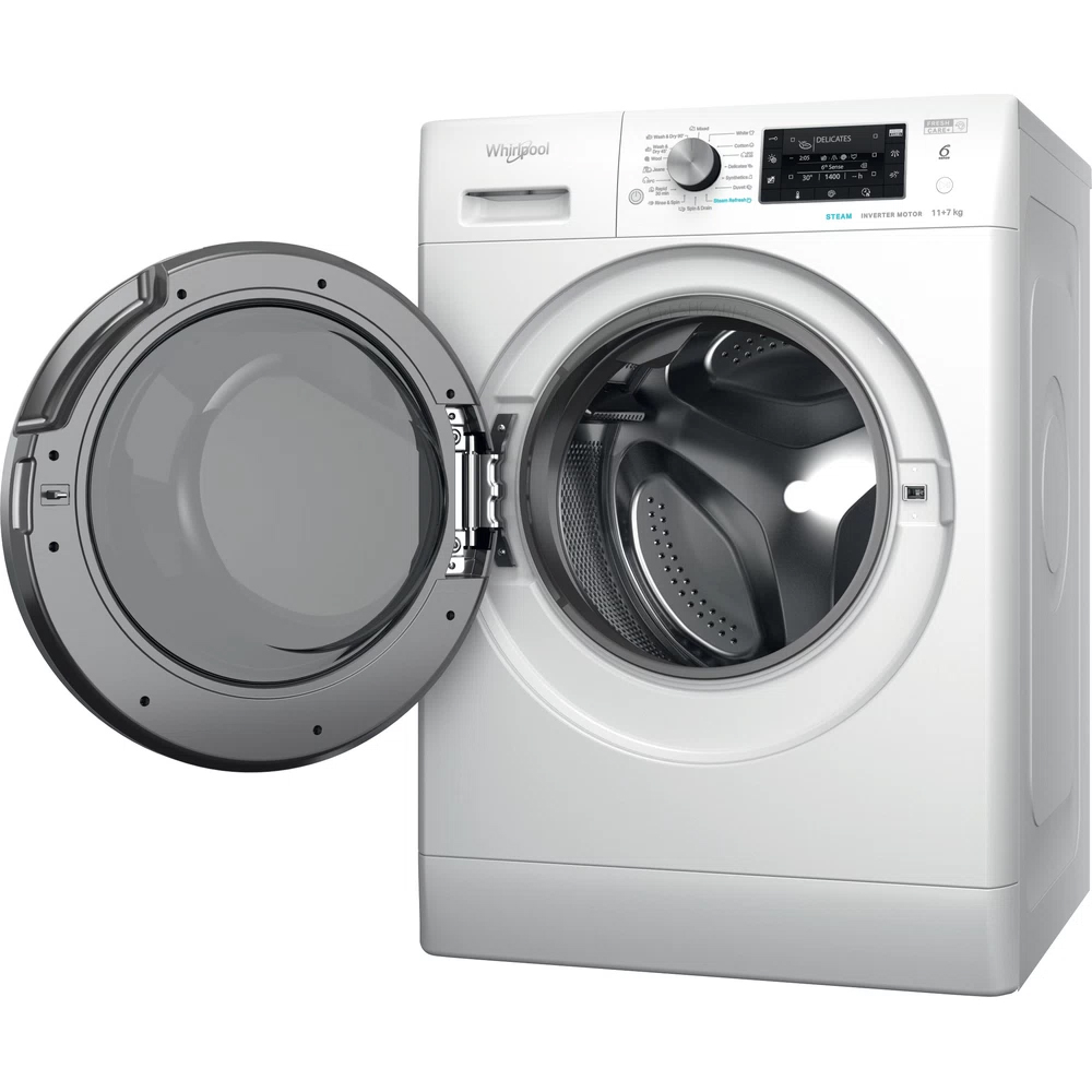Masina de spalat rufe frontala cu uscator WHIRLPOOL FFWDD 1176258 BCV EE, 6th Sense, 11/7 kg, 1600rpm, Clasa B/E, alb