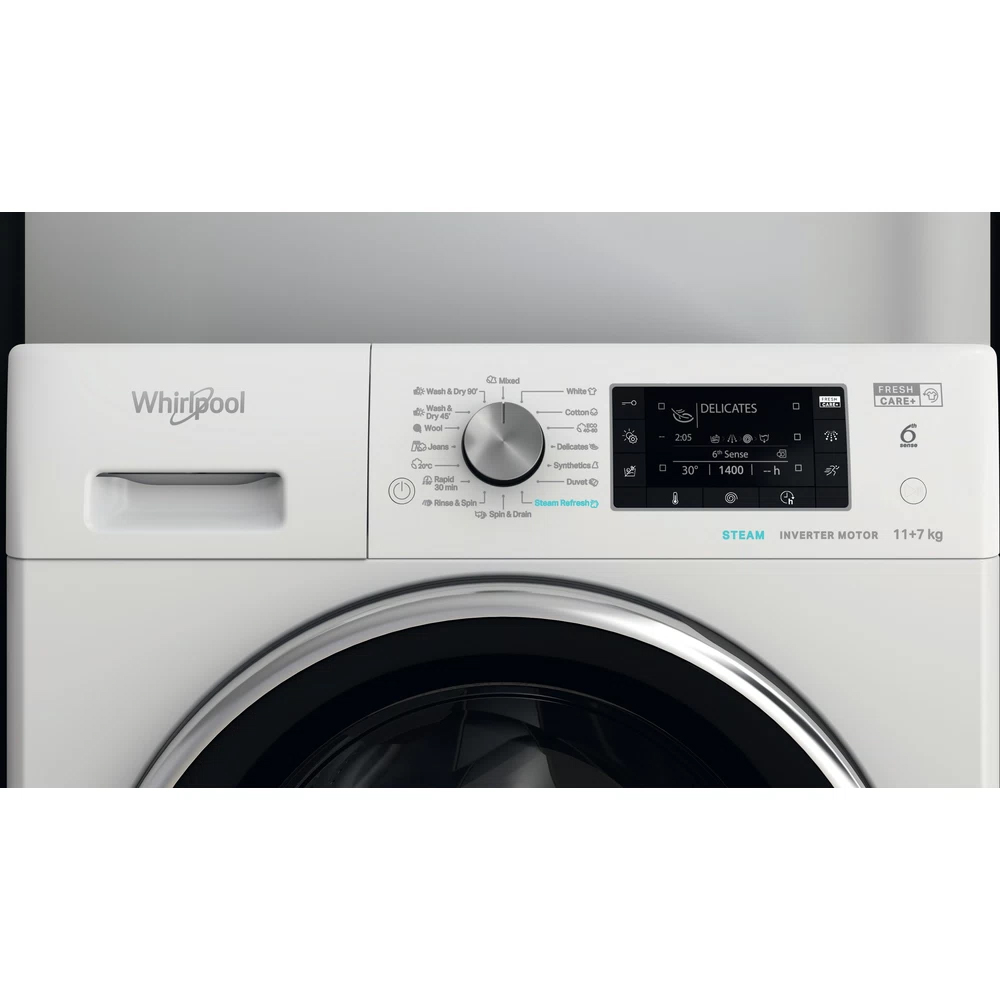 Masina de spalat rufe frontala cu uscator WHIRLPOOL FFWDD 1176258 BCV EE, 6th Sense, 11/7 kg, 1600rpm, Clasa B/E, alb