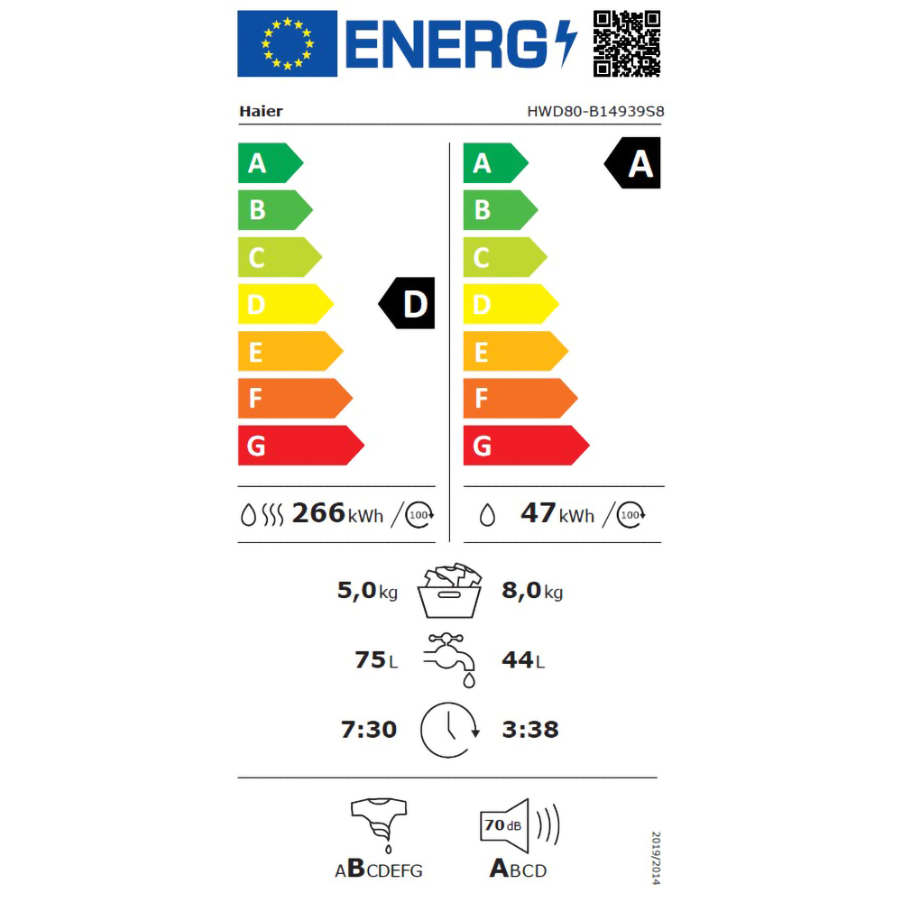 Masina de spalat rufe frontala cu uscator HAIER HWD80-B14939S8-S, 8/5 kg, 1400rpm, Clasa A/D, antracit