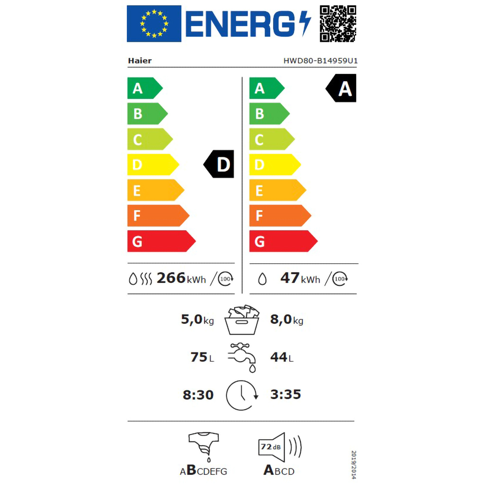 Masina de spalat frontala slim cu uscator HAIER HWD80-B14959U1-S, iRefresh, 8/5 kg, 1400rpm, Clasa A/D, alb