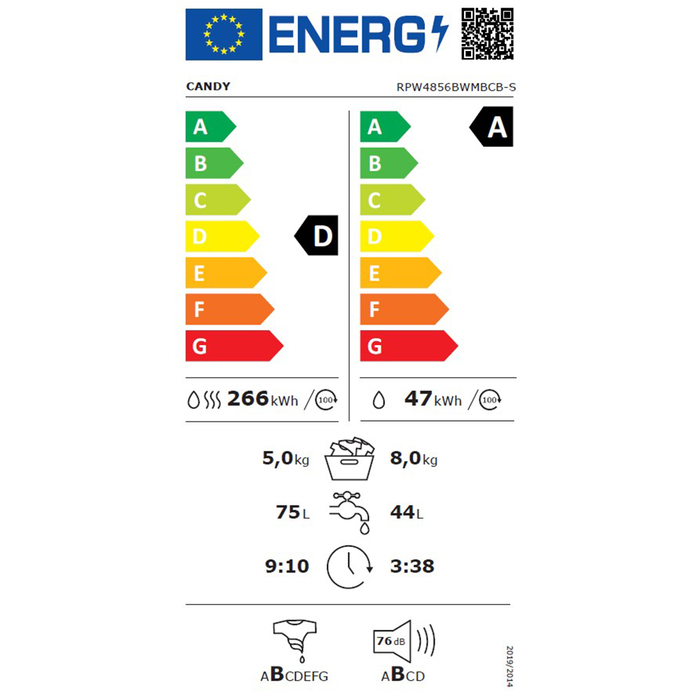 Masina de spalat rufe frontala cu uscator CANDY RPW4856BWMBCB-S, Wi-Fi, 8/5 kg, 1400rpm, Clasa A/D, negru