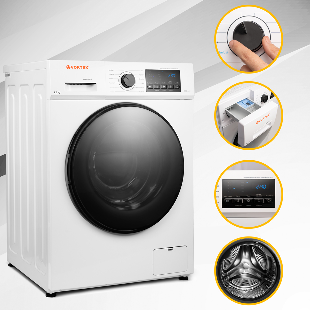 Masina de spalat rufe frontala VORTEX VMA914D02S, 9 kg, 1400rpm, Clasa A, alb