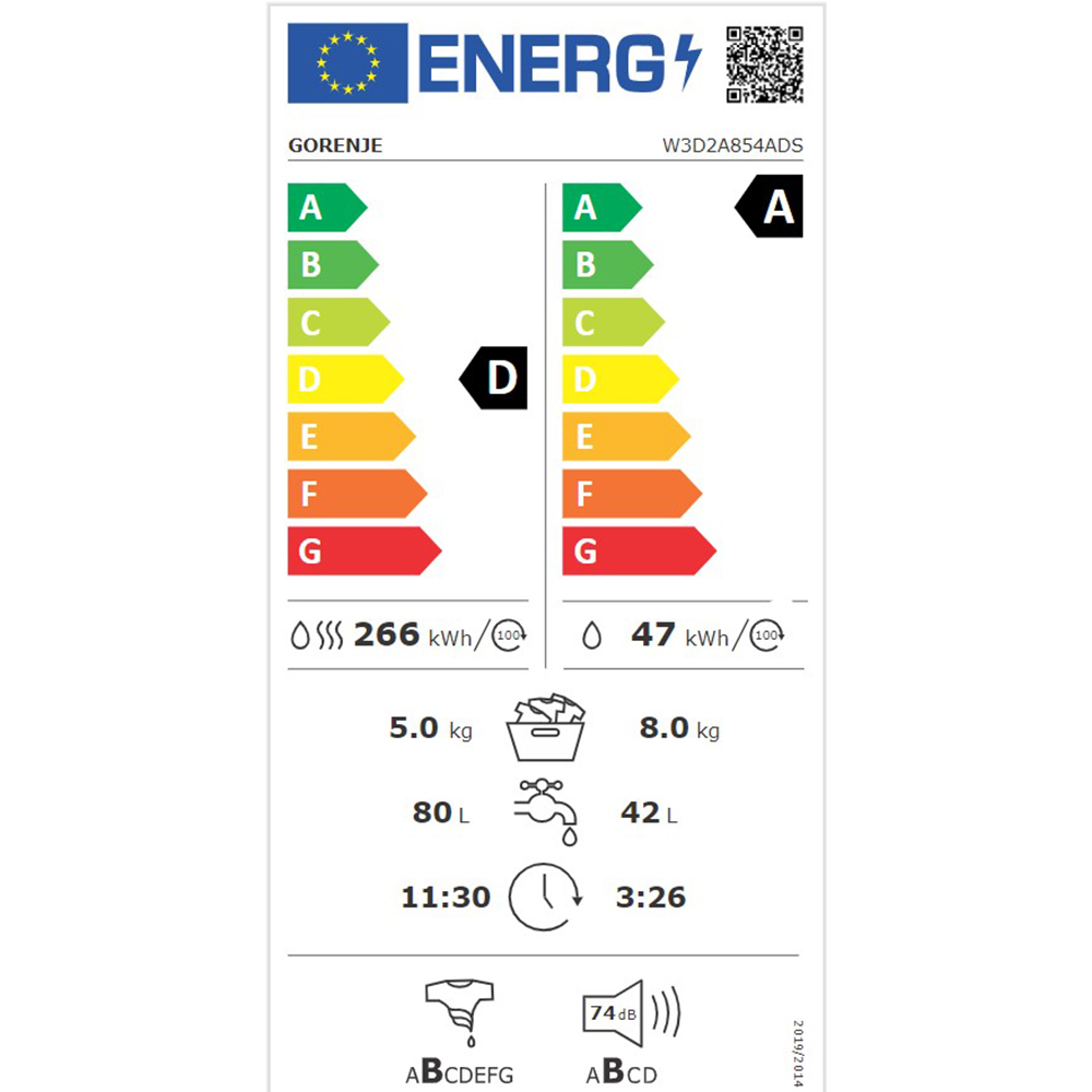 Masina de spalat rufe frontala cu uscator GORENJE W3D2A854ADS, 8/5 kg, 1400rpm, Clasa A/D, alb