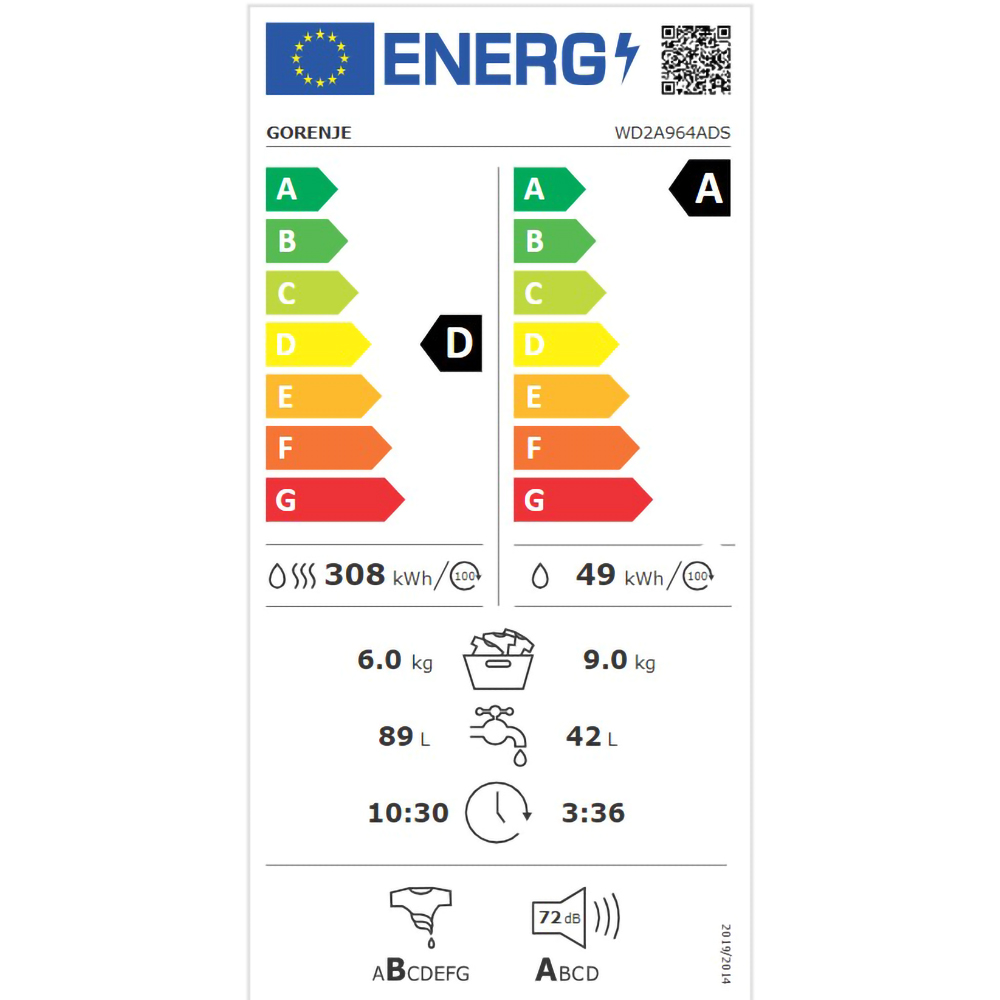 Masina de spalat rufe frontala cu uscator GORENJE WD2A964ADS, 9/6 kg, 1400rpm, Clasa A/D, alb